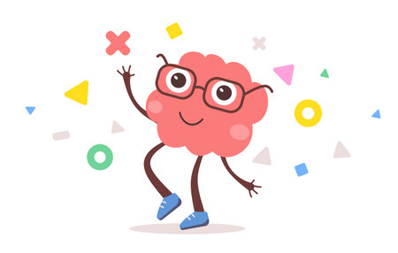 Vector illustration of happy brain character with glasses on white color background. Flat style design of business pink brain character for web, banner, poster, printのイラスト素材
