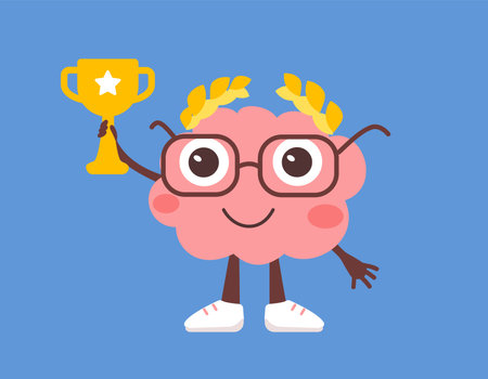 Vector illustration of happy brain character with glasses, laurel wreath and golden winner cup. Flat style design of business pink brain character champion on blue color background for web, banner, poster, printのイラスト素材