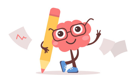 Vector illustration of happy brain character with glasses and pencil with paper. Flat style design of business pink brain character on white color background for web, banner, poster, printのイラスト素材