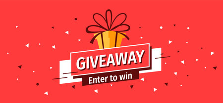 Vector quiz banner with illustration of gift box on red color background with word giveaway. Social media design for web, contest post, banner, poster, flyerのイラスト素材