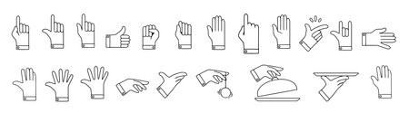 Vector set of illustration of different gesture of male hand on white color background. Flat line art style design of collection of man hand for web, banner, poster, printのイラスト素材