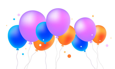 Vector holiday illustration of shine air balloon on white color background with confetti. Design of fly air balloon for web, happy birthday greeting card, sale banner, congratulation posterのイラスト素材