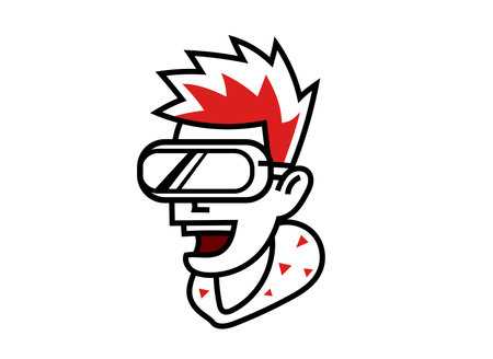 Vector illustration of man head with virtual reality helmet and red hair on white background. Line art flat style color logo design of vr user avatar for web, banner, print, logotypeのイラスト素材