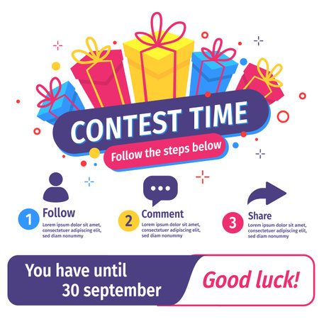Vector quiz template with illustration of bright gift box on white color background with word contest time. Social media design for web, contest post, banner, poster, flyerのイラスト素材
