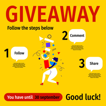 Vector quiz template with illustration of abstract woman and box on yellow color background. Social media design with word giveaway for web, contest post, banner, poster, flyerのイラスト素材