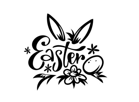 Vector illustration of word easter on white color background with rabbit ear and egg. Flat line art style lettering design of easter holiday for web, banner, poster, printのイラスト素材