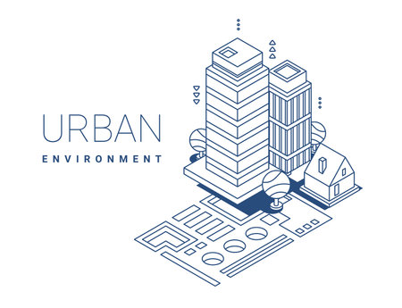Vector illustration of monochrome city with building and word urban on white color background. Flat line art style isometry design of city skyscraper for web, banner, poster, printのイラスト素材