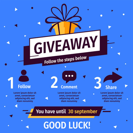 Vector quiz template with illustration of yellow gift box on blue color background with word giveaway. Social media design for web, contest post, banner, poster, flyerのイラスト素材