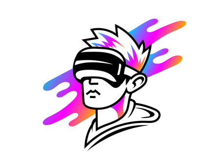 Vector black and white illustration of man head with virtual reality helmet on color background. Line art flat style logo design of vr user avatar for web, banner, print, logotypeのイラスト素材