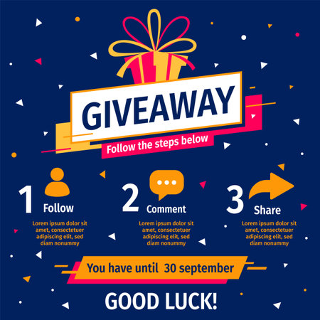 Vector quiz template with illustration of yellow and red gift box on dark blue color background with word giveaway. Social media design for web, contest post, banner, poster, flyerのイラスト素材