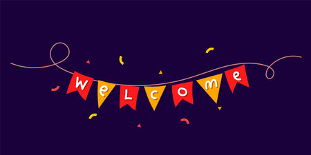 Vector illustration of word welcome and bright flag on dark color background. Flat style holiday design of greeting word for web, banner, poster, printのイラスト素材