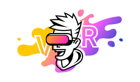 Vector bright illustration of man head with virtual reality helmet on white background with color spot. Line art flat style colorful logo design of vr user avatar with vr letter for web, banner, print, logotypeのイラスト素材