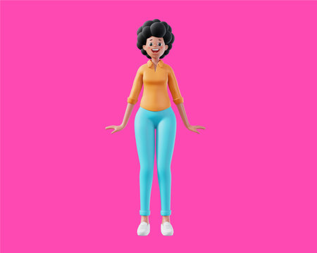 3d illustration of happy business woman with black hair on pink color background. 3d render design of stand woman character for web, site, banner, poster, printの写真素材
