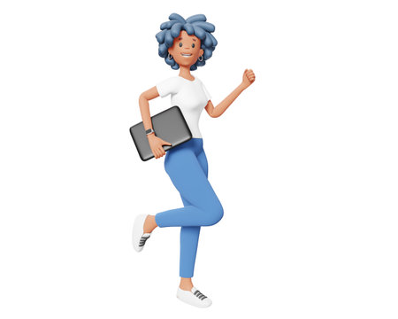 3d illustration of happy business wowoman with blue hair isolated on white color background. 3d render design of woman character stand and hold laptop in hand for web, site, banner, poster, printの写真素材