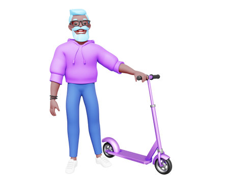 3d illustration of happy business man with white hair, beard and glasses in blue and pink clothes on white color background. 3d render design of man character with scooter for web, site, banner, poster, printの写真素材