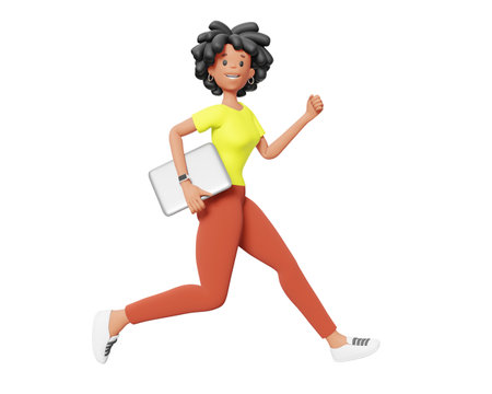 3d illustration of happy business wowoman with black hair isolated on white color background. 3d render design of smile woman character run and hold laptop in hand for web, site, banner, poster, printの写真素材