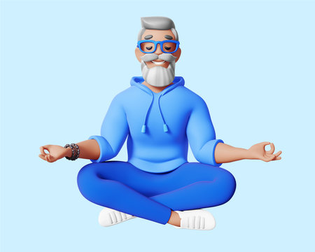 3d illustration of happy business man with gray hair, beard and glasses in blue clothes. 3d render design of meditation man character sit in yoga pose with close eye for web, site, banner, poster, printの写真素材