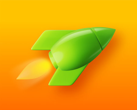 3d illustration of flying green spaceship on color background with flame. 3d render design of business startup rocket for web, site, banner, poster, printの写真素材