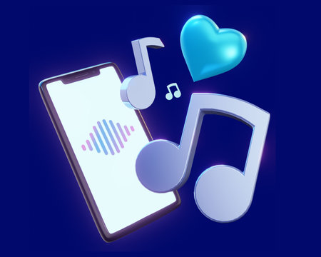 3d illustration of phone and music note on blue color background. 3d render design of music service or application for web, site, banner, poster, printの写真素材
