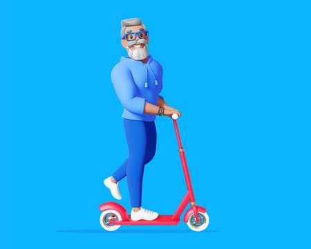3d illustration of happy business man with gray hair, beard and glasses in blue clothes on blue color background. 3d render design of man character ride a red scooter for web, site, banner, poster, printの写真素材