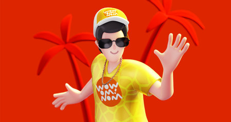 3d illustration of happy man with sunglasses and cap on red color background with palm tree. 3d render design of smile male character for web, site, banner, poster, printの写真素材