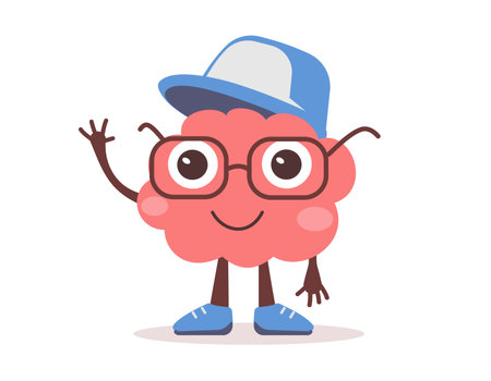 Vector illustration of happy brain child character with glasses and cap on white color background. Flat style design of business pink brain kid character for web, banner, poster, printのイラスト素材