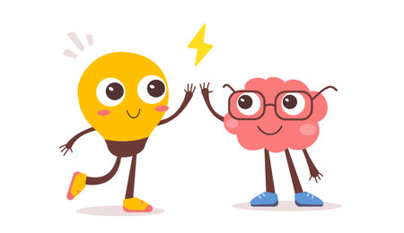 Vector illustration of happy brain and light bulb character give five on white color background. Flat style design of business team work character for web, banner, poster, printのイラスト素材