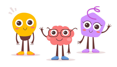 Vector illustration of happy kid character team on white color background. Flat style design of brain, light bulb and shape character friend for web, banner, poster, printのイラスト素材