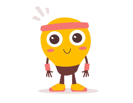 Vector illustration of happy light bulb kid character with eyes on white color background. Flat style design of business yellow light bulb child character for web, banner, poster, printのイラスト素材