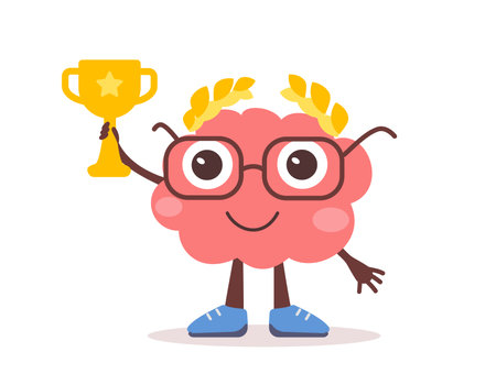 Vector illustration of happy brain character with glasses, laurel wreath and golden winner cup. Flat style design of business pink brain character champion on white color background for web, banner, poster, printのイラスト素材