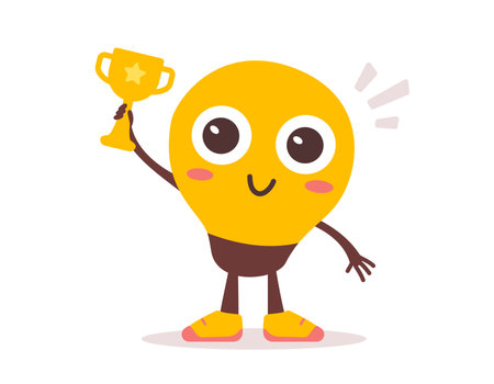 Vector illustration of happy light bulb kid character with eyes and golden winner cup on white color background. Flat style design of business yellow light bulb child character for web, banner, poster, printのイラスト素材
