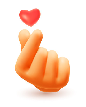 Vector illustration of hand gesture sign i love you with red heart on white color background. 3d style emoji design of man hand for web, banner, poster, printのイラスト素材
