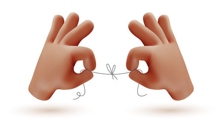 Vector illustration of hand gesture sign ok with finger and hold thread with knotted bow on white color background. 3d style emoji design of man black skin hand for web, banner, poster, printのイラスト素材