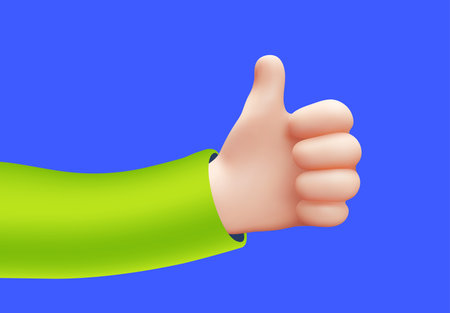 Vector illustration of hand in green sleeve gesture thumb up sign good on blue color background. 3d style emoji design of man white skin hand for web, banner, poster, printのイラスト素材
