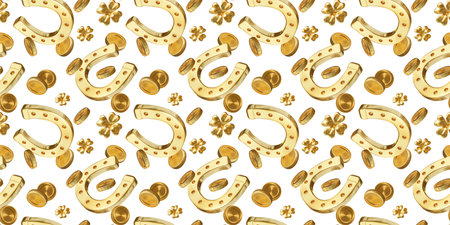 3d luck and wealth seamless pattern with golden horseshoe, coin and clover on white color background. 3d design of Patrick's Day illustration for banner, poster, web, printの写真素材