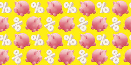 3d seamless pattern of pink piggy bank and percent sign on yellow color background, time to save money. 3d design for poster, banner, printの写真素材