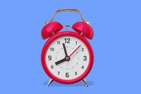 3d illustration of red retro alarm clock with arrow on blue color background. 3d style design for banner, deadline poster, printの写真素材
