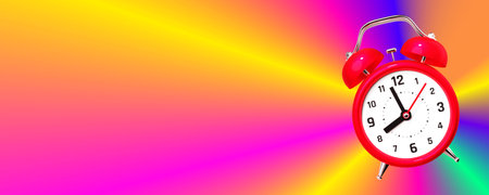3d illustration of red retro alarm clock with arrow on rainbow colorful gradient background with raysの写真素材