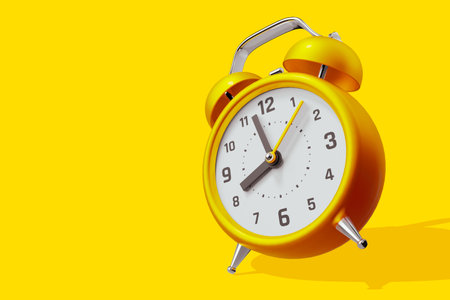 3d illustration of yellow retro alarm clock with arrow on color background for poster, web, bannerの写真素材