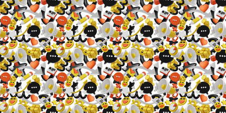3d seamless pattern with speech bubble, megaphone, arrow and happy emoji on white color background. 3d design of social media illustration with different element for banner, poster, webの写真素材