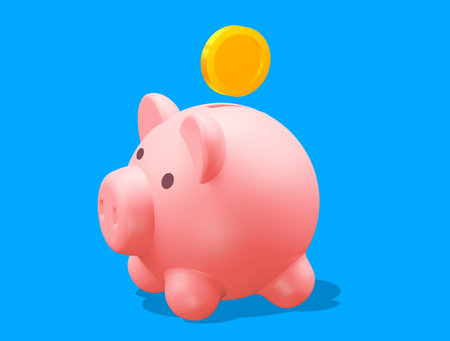 3d illustration of pink piggy bank with golden coin on blue color background for poster, web, bannerの写真素材