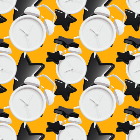 3d seamless pattern of white retro alarm clock with black star on yellow color background for banner, posterの写真素材