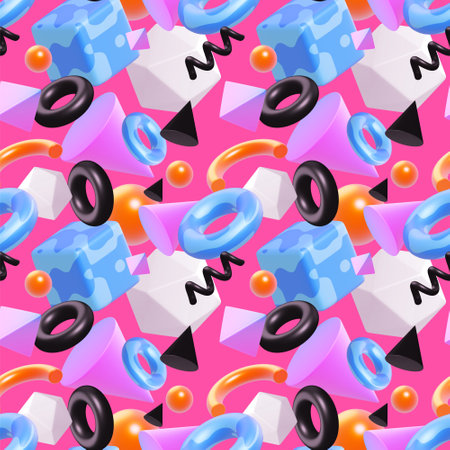 3d abstract seamless pattern with different shape and element on pink color background. 3d design of abstract bright illustration for banner, poster, webの写真素材