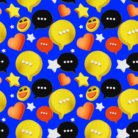 3d seamless pattern of speech bubble and emoji on blue color background with star and heart. 3d design of social media illustration for banner, poster, webの写真素材
