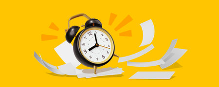 3d illustration of black retro alarm clock with arrow on yellow color background with office paper. 3d style design for banner, deadline poster, printの写真素材