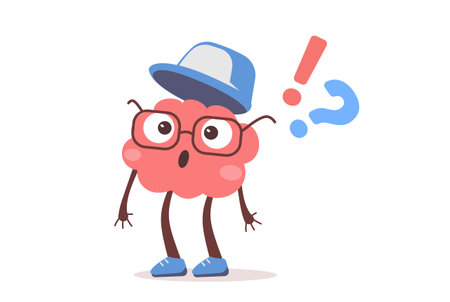 Vector illustration of brain character with glasses, cap and question mark. Flat style design of business pink brain character think on white color background for web, banner, poster, printのイラスト素材
