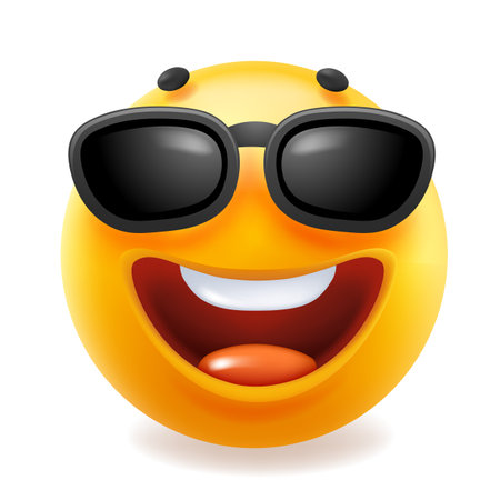 3d vector style design of funny wide smile emoji with toungue for social media. Vector cool illustration of happy fun yellow color emoticon with black sunglasses on white backgroundのイラスト素材