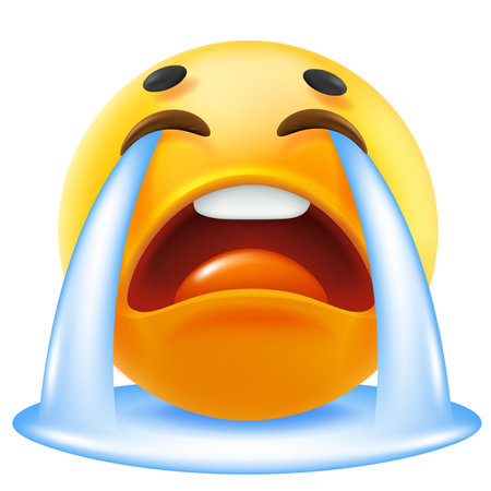 3d vector style design of funny sad cry with tear waterfall emoji for social media, Vector illustration of yellow color fun unhappy emoticon with flow of tear on white backgroundのイラスト素材