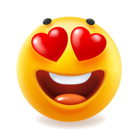 Vector romantic illustration of happy fun yellow color emoticon with red heart shaped eyes and tongue on white background. 3d vector style design of funny fall in love emoji for valentine day card, social mediaのイラスト素材