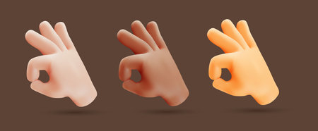 Vector set of illustration of different color hand gesture sign ok with finger on dark color background. 3d vector style diversity emoji design of man black and white skin hand for web, banner, poster, printのイラスト素材